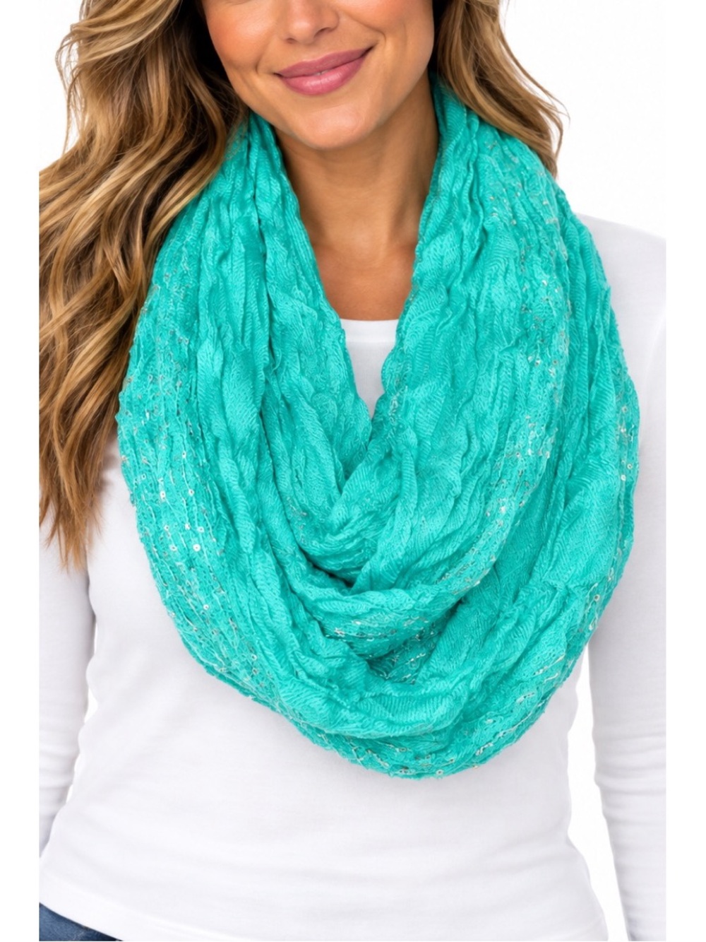Beautiful turquoise infinity scarf with soft, crinkled texture & subtle sequins - Picture 1 of 2